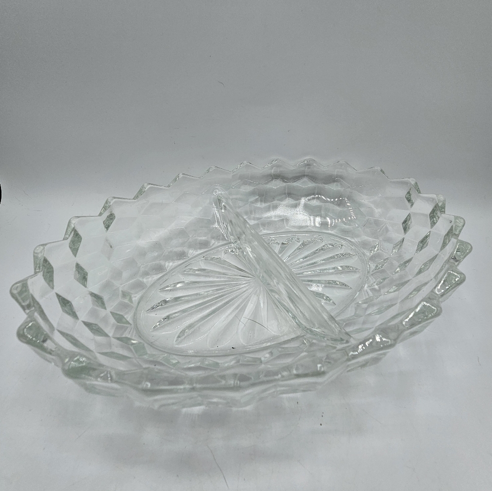 Vintage Fostoria American Cubist Clear Glass Divided Serving Dish Bowl